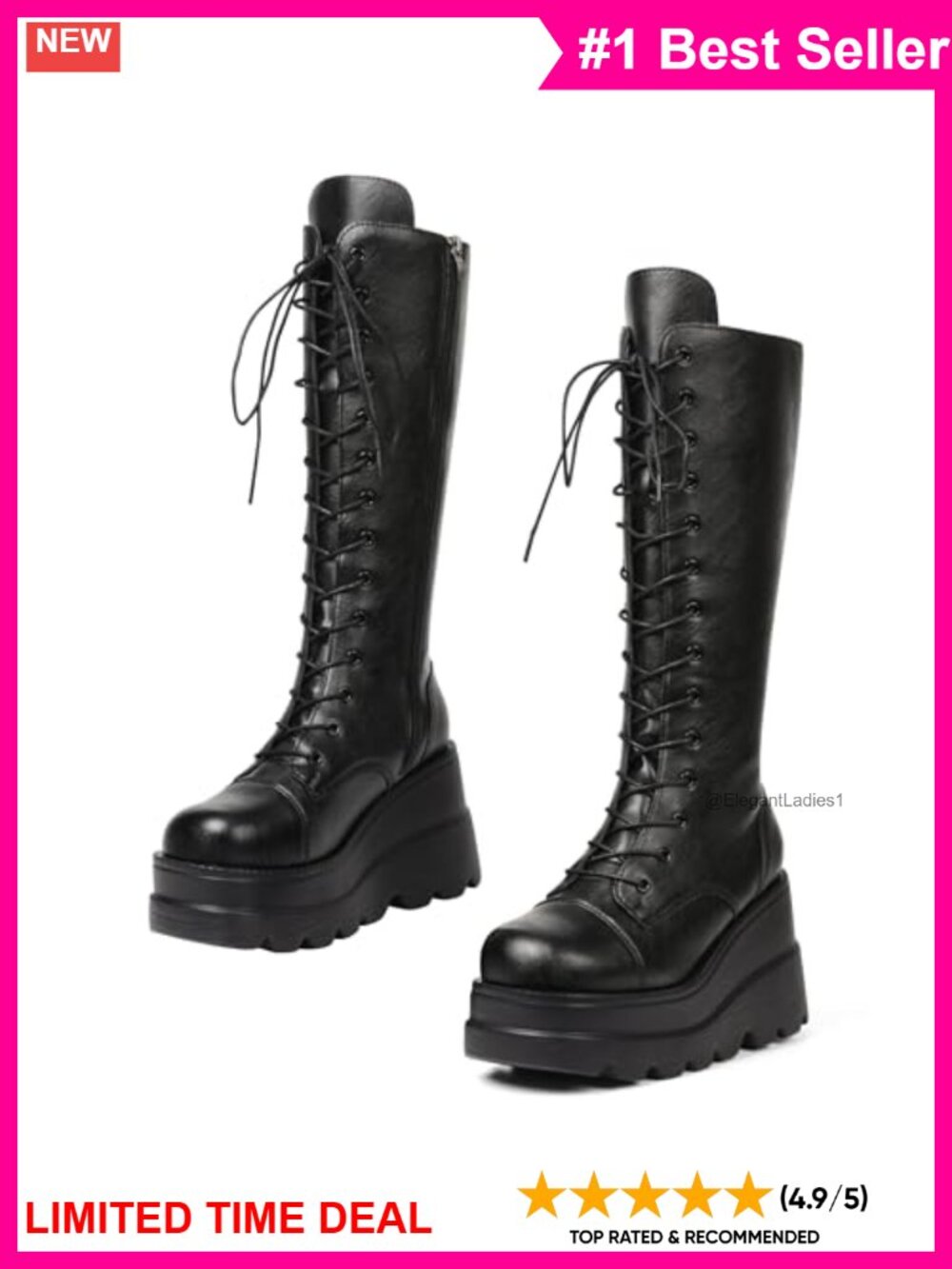 Women's Mid Calf Platform Combat Boots Faux Leather Lace Up Goth Boots